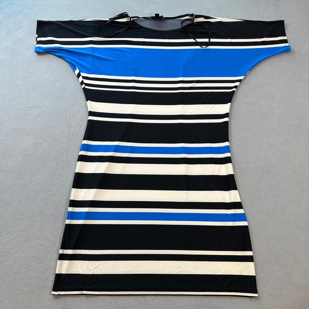 R&K Women 1X Blue Black White Striped Boat Neck Dolman Sleeve Shift Dress